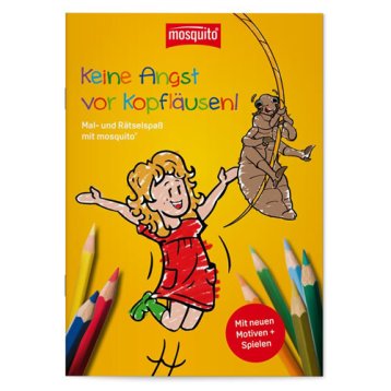 Cover des Malbuches. Geber Hintergrund mit einem springenden Mädchen in Comicmotiv und einer Laus die an einem Haar hängt.
