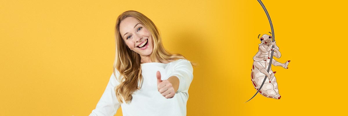 Ein blonde Frau in weißem Pullover streckt Ihre Hand mit einem Daumen hoch nach oben und steht vor einem gelben Hintergrund. Neben Ihr ist eine Laus zu sehen die an einem Haar schwingt.